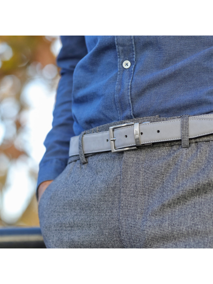 Omkeerbare donkerblauwe leren en grijze nubuck riem - Clint