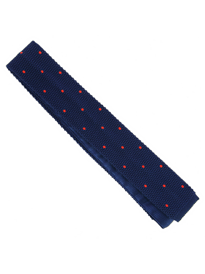Gebreide zijden stropdas blauw met oranje stippen