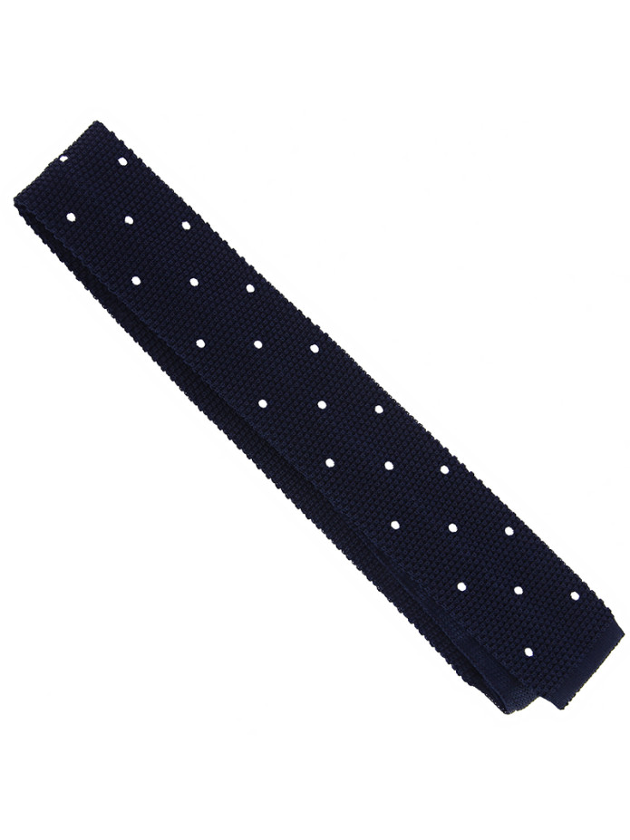 Gebreide zijden stropdas marineblauw met witte stippen