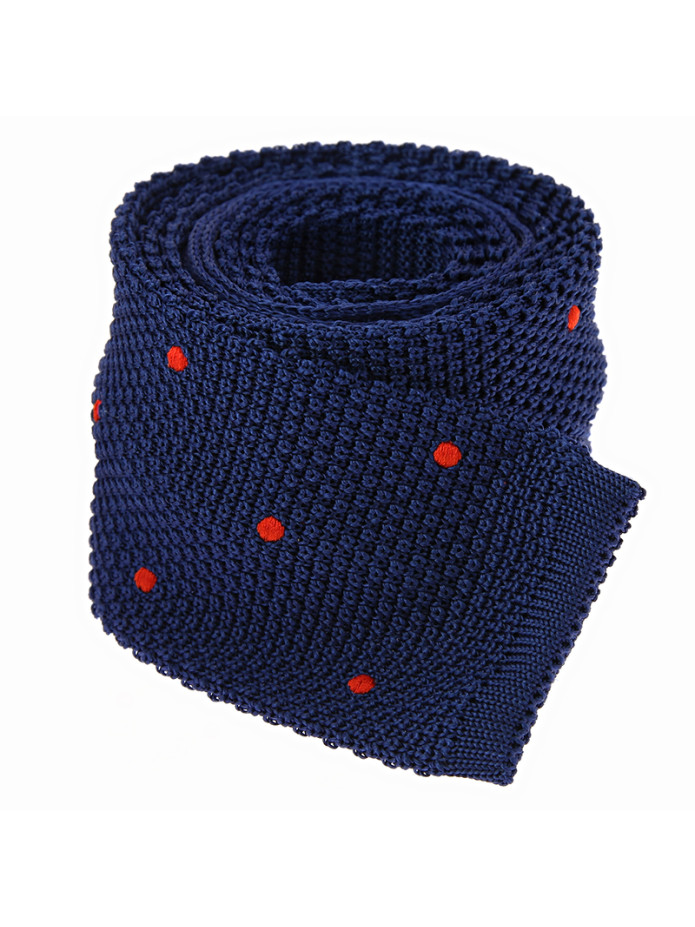 Gebreide zijden stropdas blauw met oranje stippen