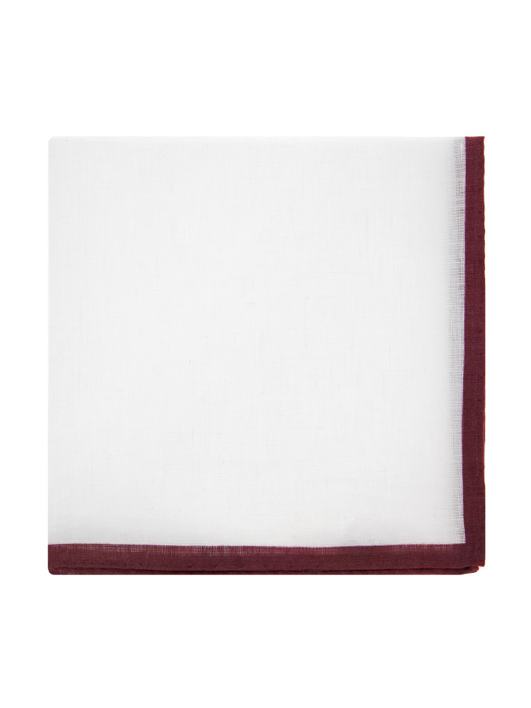Witte linnen costuum pochette met bordeaux zoom