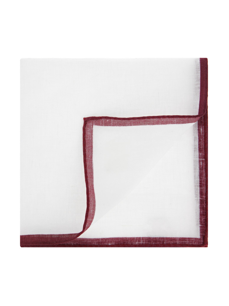 Witte linnen pochette met bordeauxrode zoom