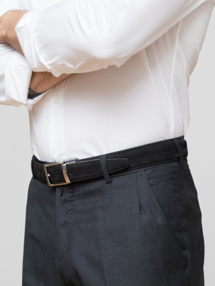Reversibele zwarte riem van leer en nubuck