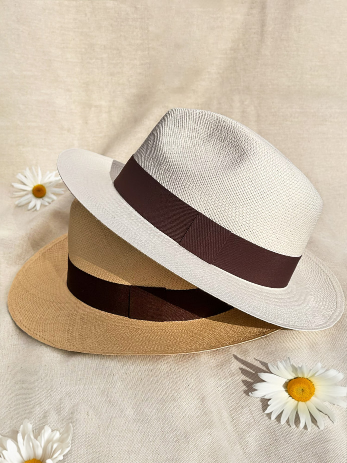 Witte panama hoed met taupe band