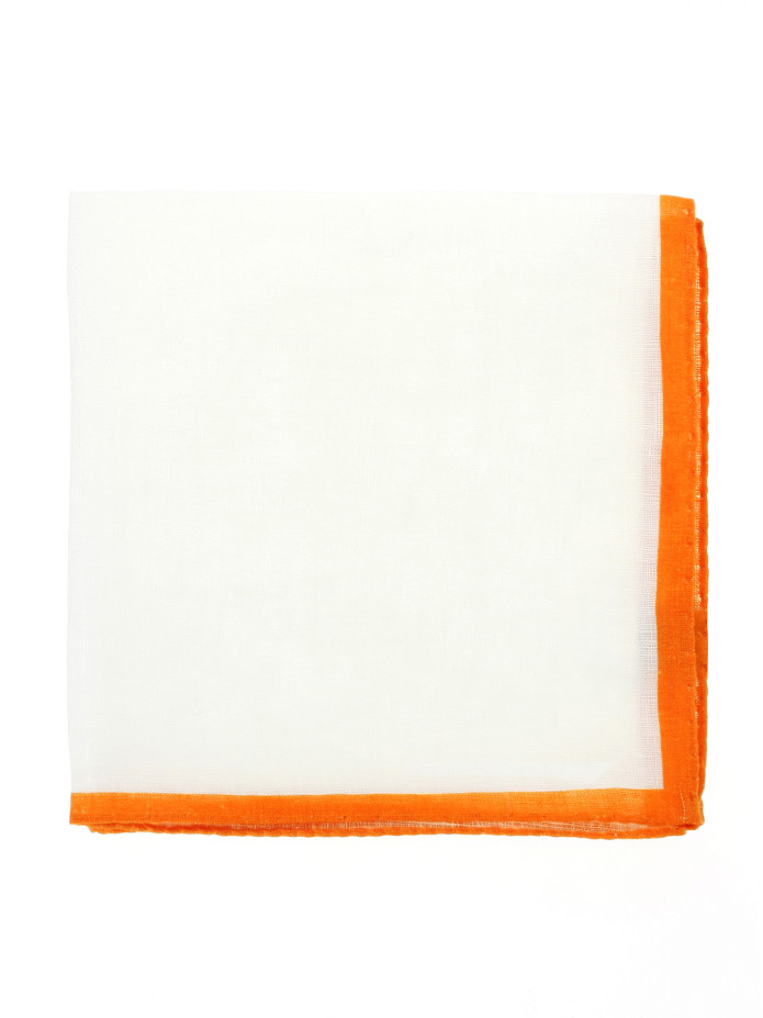 Pochet voor pak van wit linnen met oranje zoom