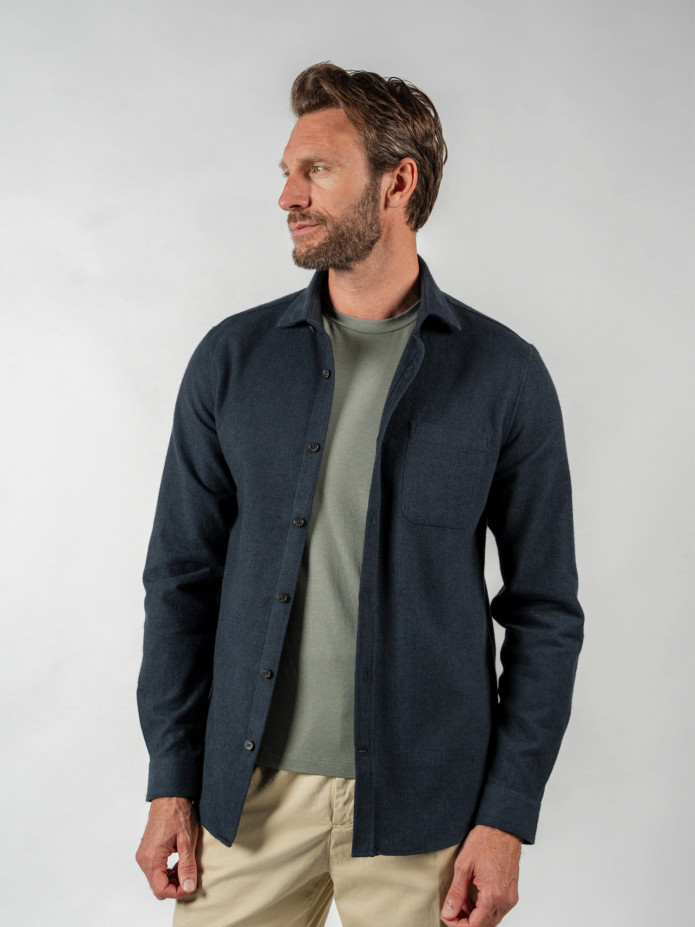 Marineblauw overhemd in dikke flanel met Italiaanse kraag
