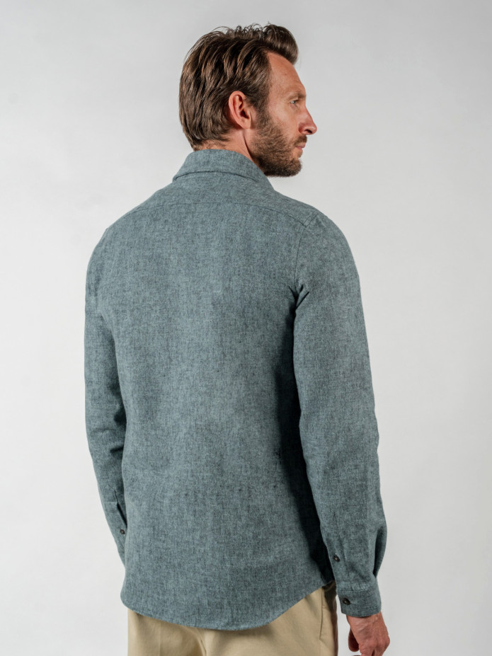 Blauw overhemd in dikke flanel met Italiaanse kraag