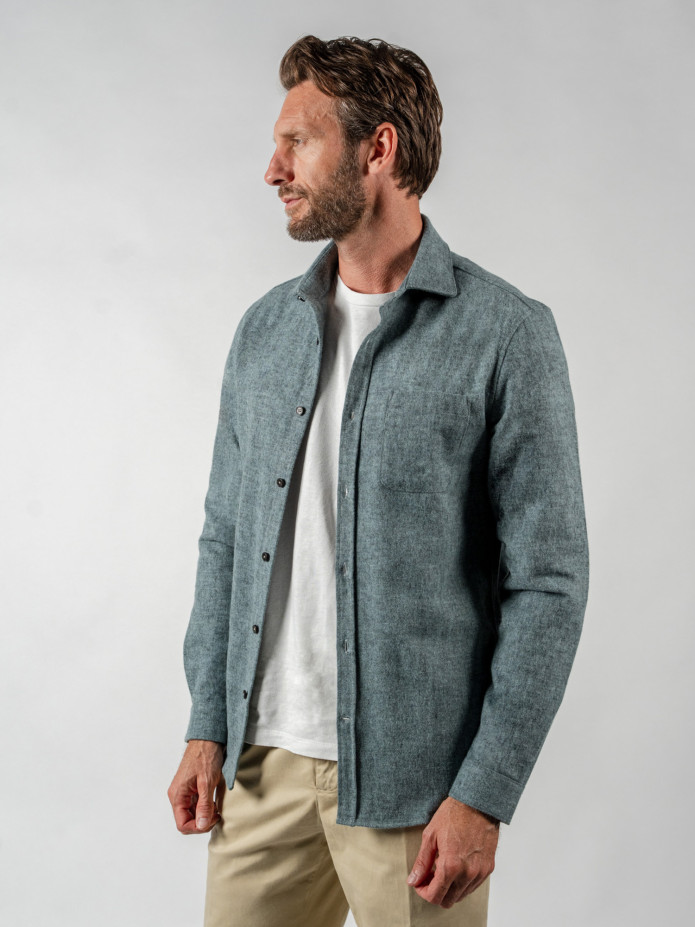 Blauw overhemd in dikke flanel met Italiaanse kraag