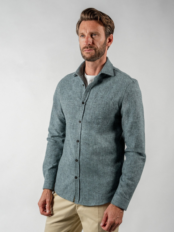 Blauw overhemd in dikke flanel met Italiaanse kraag