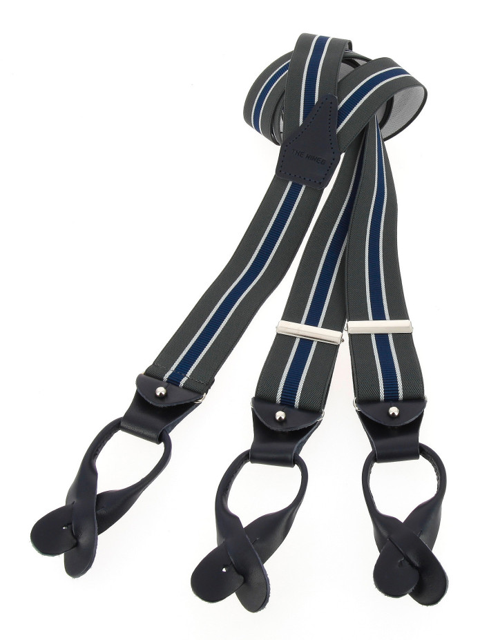 Gestreepte heren bretels grijs en blauw met knopen