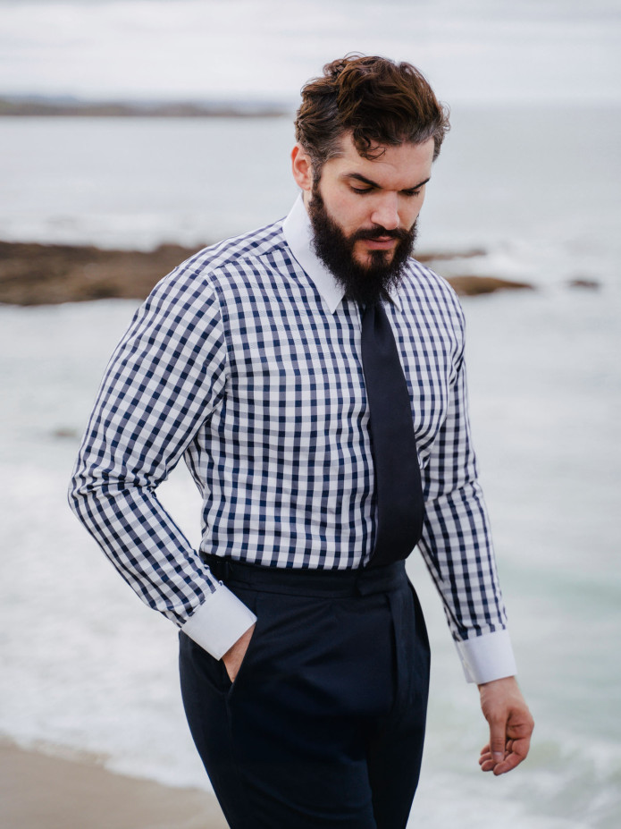 Overhemd met Franse kraag in marineblauw twill vichy