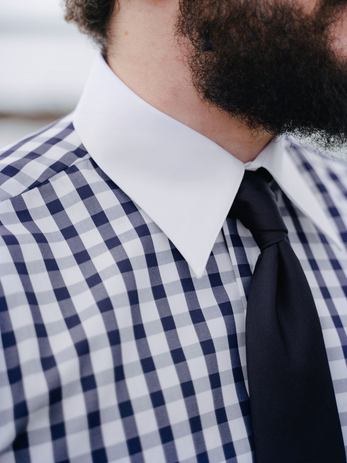 Overhemd met Franse kraag in marineblauw twill vichy