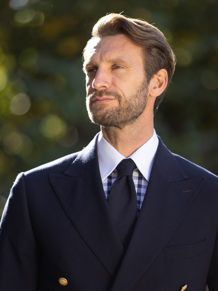 Overhemd met Franse kraag in marineblauw geruit twill