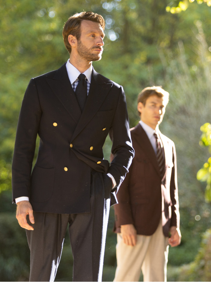 Overhemd met Franse kraag in marineblauw geruit twill