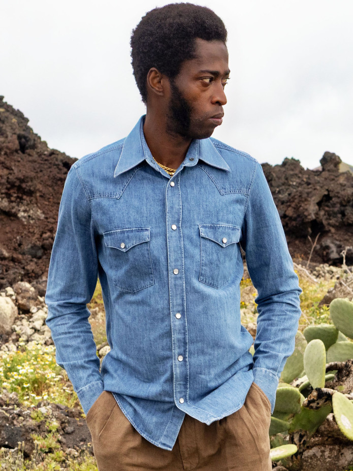 Westerse denim overhemd met klassieke kraag in vervaagd denim Bronson