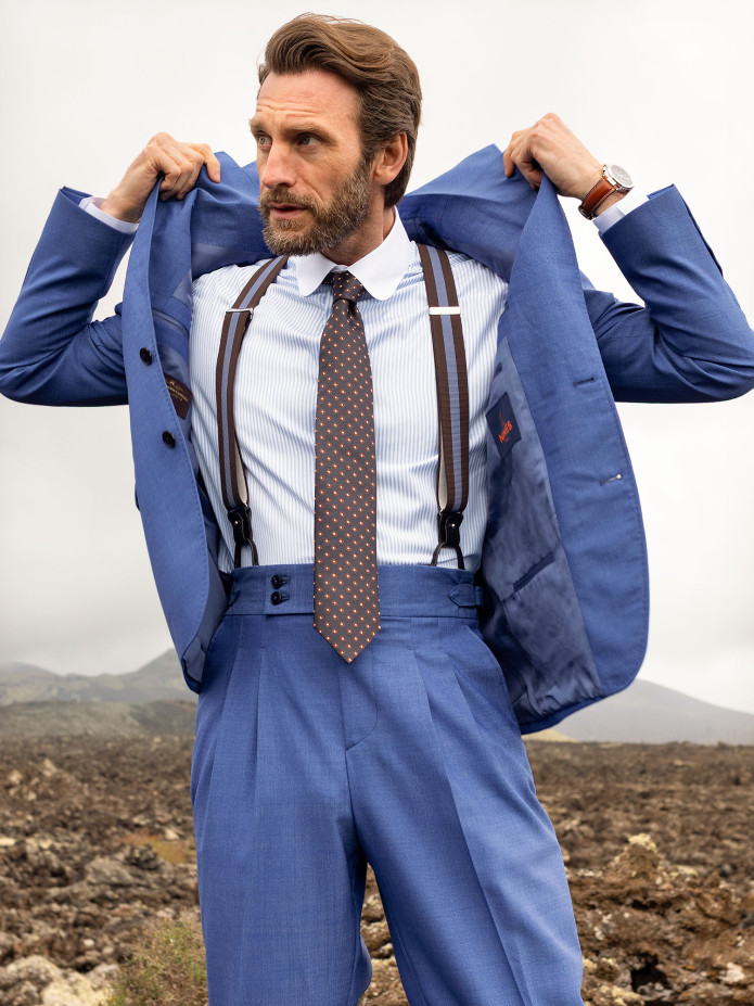 Gestreepte herrenbretels bruin en blauw met knopen