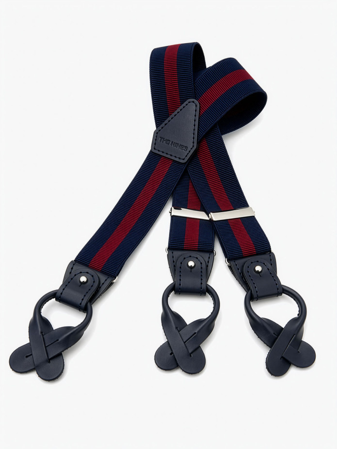 Gestreepte herenbretels marineblauw en bordeaux met knopen