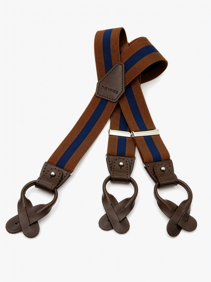 Gestreepte herenbretels cognac en marineblauw met knopen