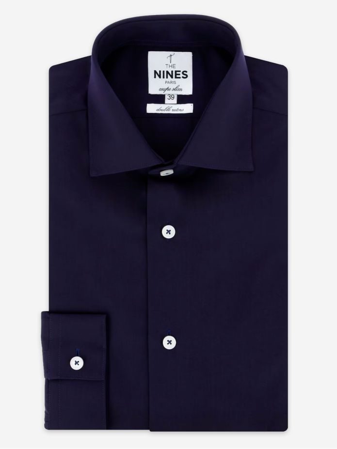 Overhemd met Italiaanse kraag in marineblauw popeline