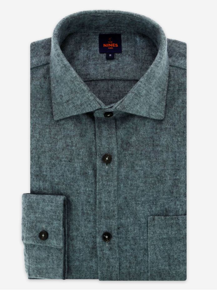 Blauw overhemd in dik flanel met Italiaanse kraag