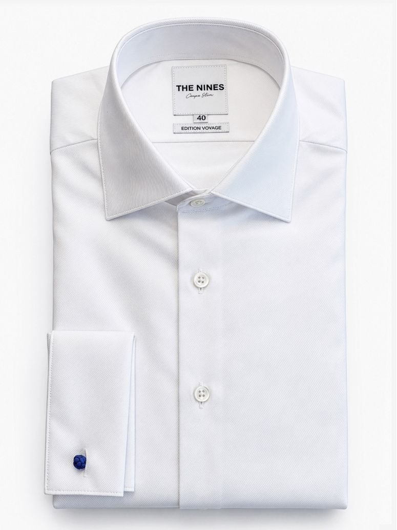 Overhemd met Italiaanse kraag in witte twill met manchetten met knoopsluiting