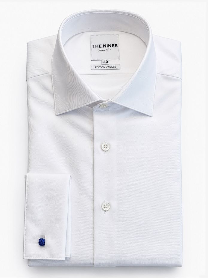 Overhemd met Italiaanse kraag in wit twill met manchetknopsmouwen