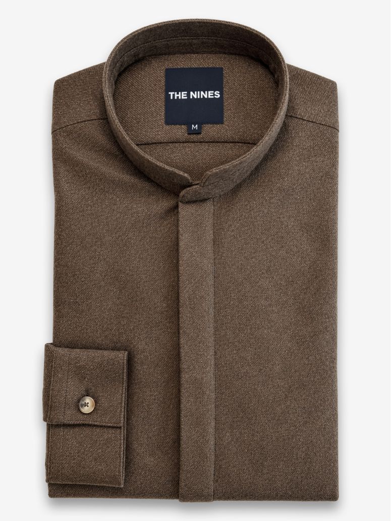 Overhemd mao-kraag in bruine flanel