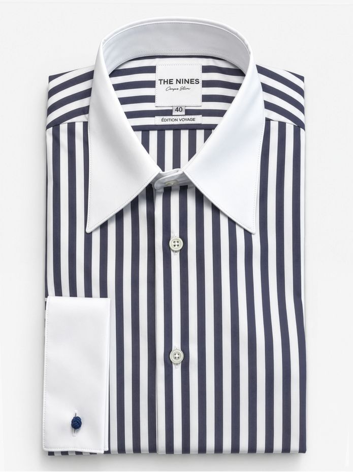 Overhemd met Franse kraag in marineblauw gestreept met manchetknopmanchetten