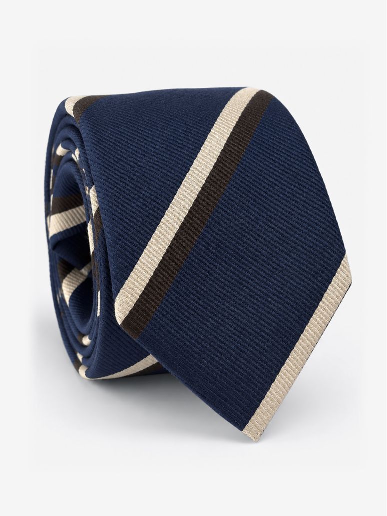 Marineblauwe zijden clubdas met bruine en crèmekleurige strepen