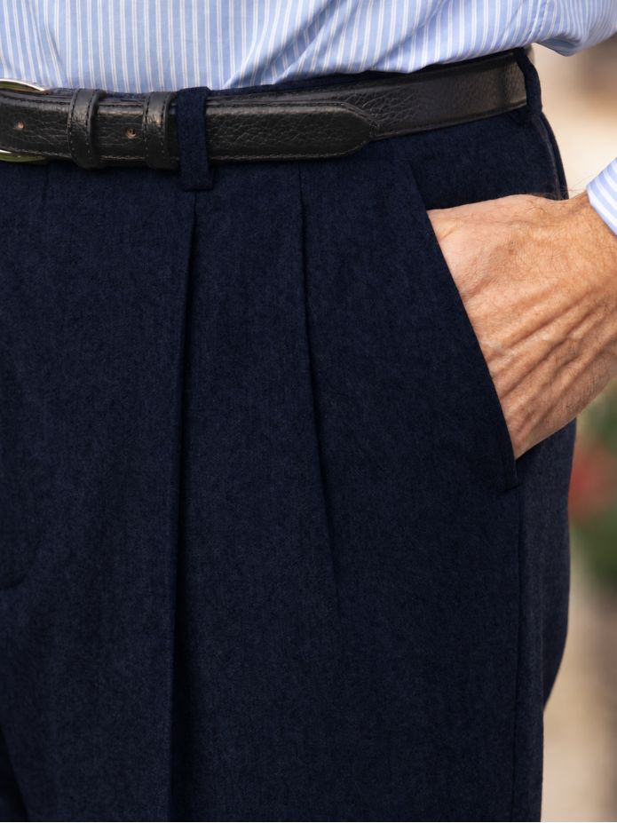 Donkerblauwe flanellen broek met hoge taille Faro